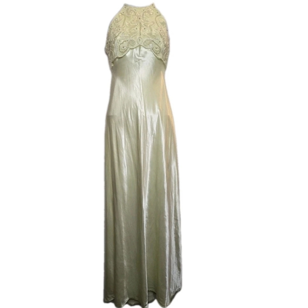 Zum Y2K 90s Maxi Dress Bias Cut Beaded Sequined Babydoll Fairy Lime Green Sz 5-6